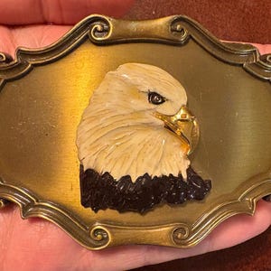 May include: A brass-toned belt buckle featuring a detailed relief of an eagle's head. The eagle has cream-colored feathers, a golden beak, and dark brown accents. The buckle has an ornate, scrolled border.