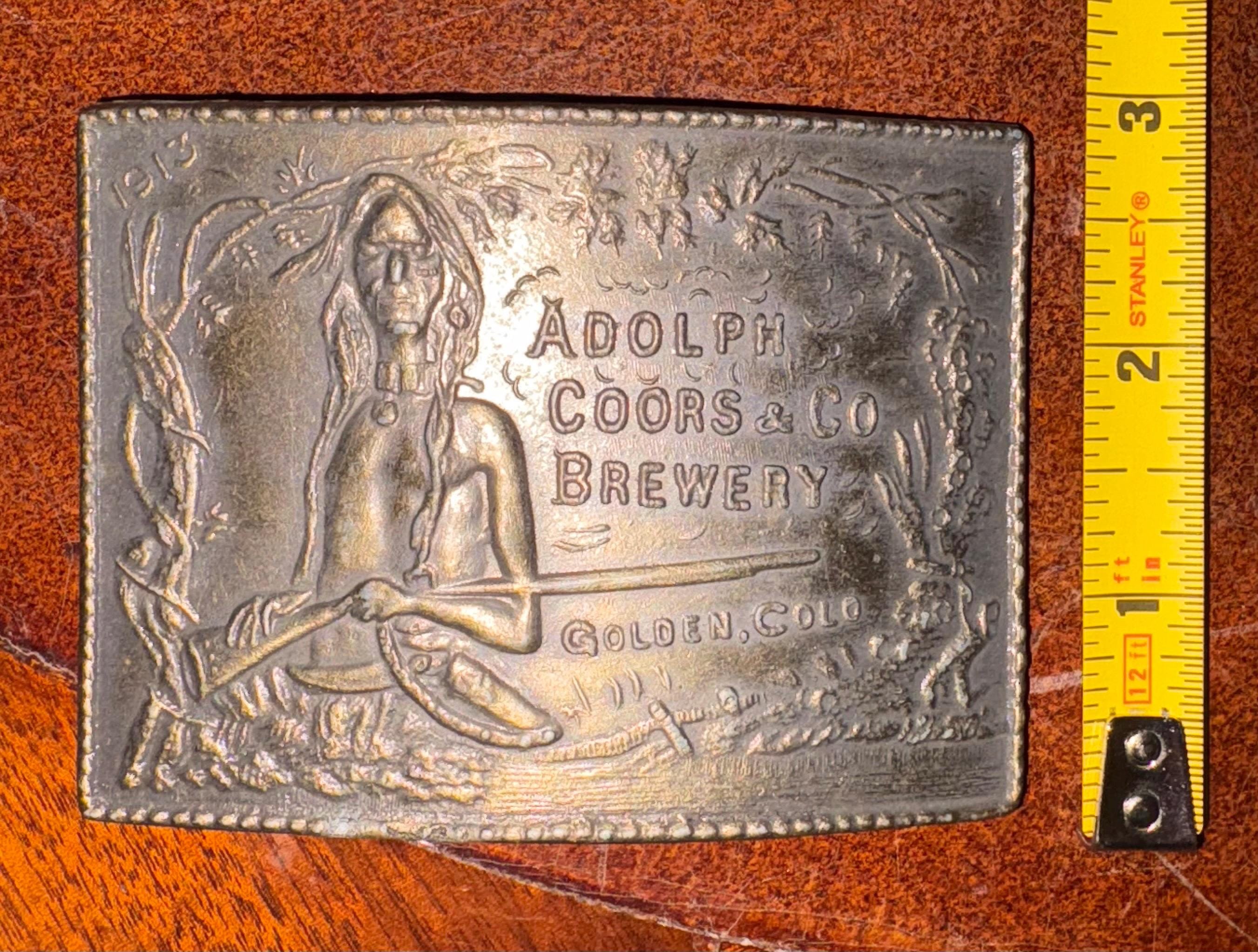 Vintage Adolph Coors & Co Brewery 1913 Brass Belt Buckle Native American Scout Vintage Coors 1913 Adolph Coors & Co Brewery Belt Buckle  main image 3
