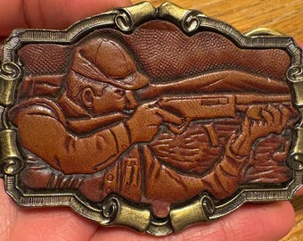 Vintage The Hunter 1980 Great American Buckle Co. Belt Buckle – Leather Inlay – Serial #198 – Made in USA