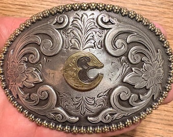 Vintage Western Initial C Nocona Belt Buckle Silver Tone Gold Letter Floral Scroll Engraved Monogram Cowboy Rodeo Boho Gift