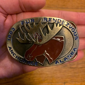 Vintage The Moose Fur Rendezvous 1993 Anchorage Alaska Winter Snow Greater Anchorage, Inc. Gold Colored Solid Brass Belt Buckle Rare