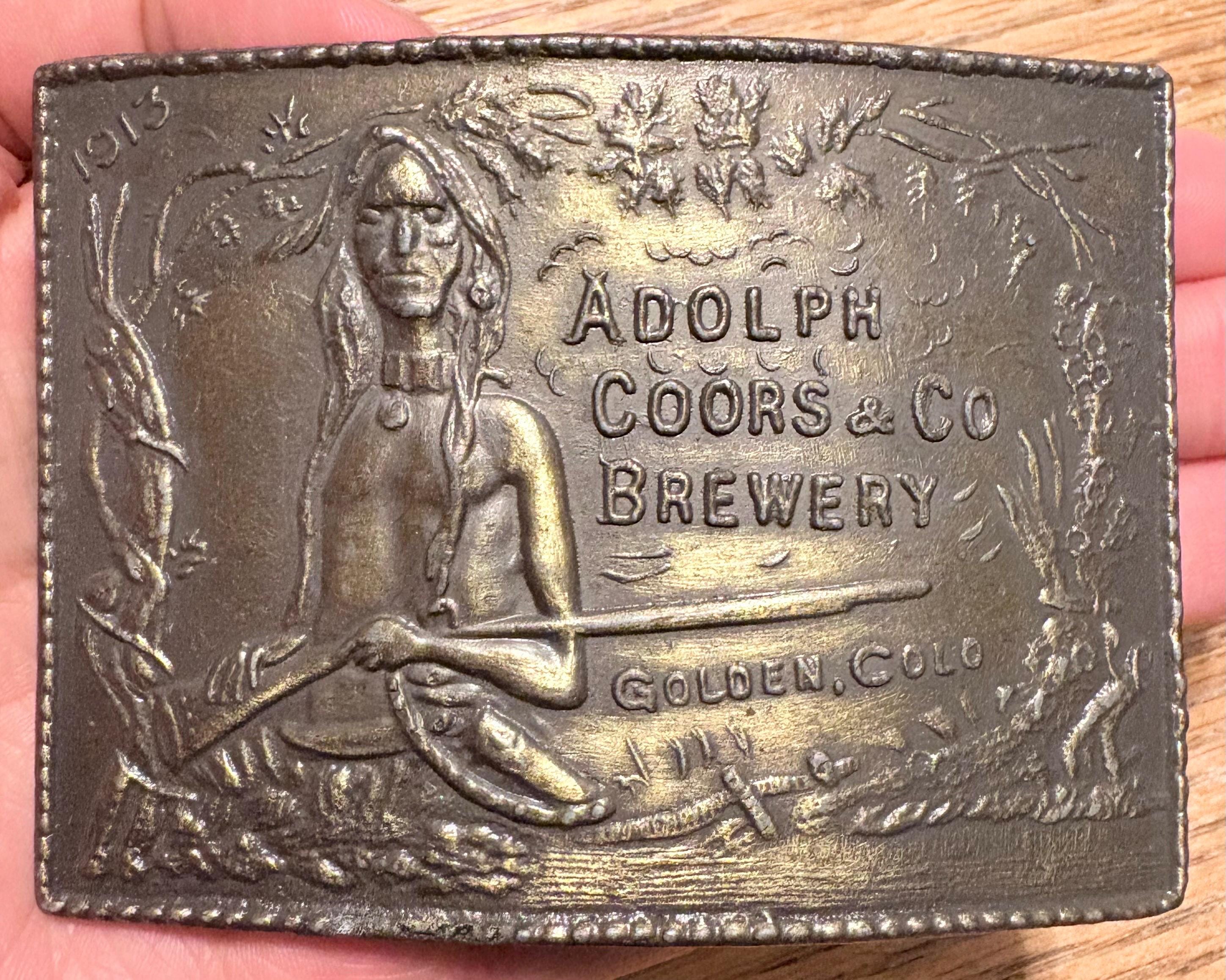 Vintage Adolph Coors & Co Brewery 1913 Brass Belt Buckle Native American Scout Vintage Coors 1913 Adolph Coors & Co Brewery Belt Buckle  main image 4