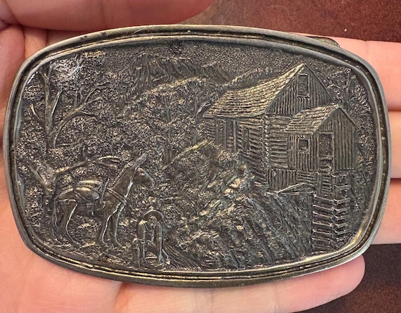 Vintage 1982 Ultra Ent. Inc. Belt Buckle – Prospecting Cabin & Pack Mule Scene Rare