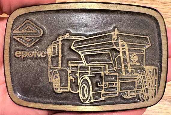Vintage Epoke Semi Truck Mining Belt Buckle Solid Brass Trucker Heavy Equipment Haul Truck Industrial Machinery Coal Mine Ore 1970s 1980s