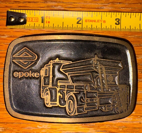 Vintage Epoke Semi Truck Mining Belt Buckle Solid Brass Trucker Heavy Equipment Haul Truck Industrial Machinery Coal Mine Ore 1970s 1980s View 3