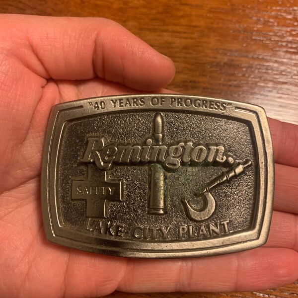 Vintage Remington “40 Years of Progress” Safety Lake City Plant 1984 The Great American Buckle Company Solid Brass Heavy Belt Buckle Rare