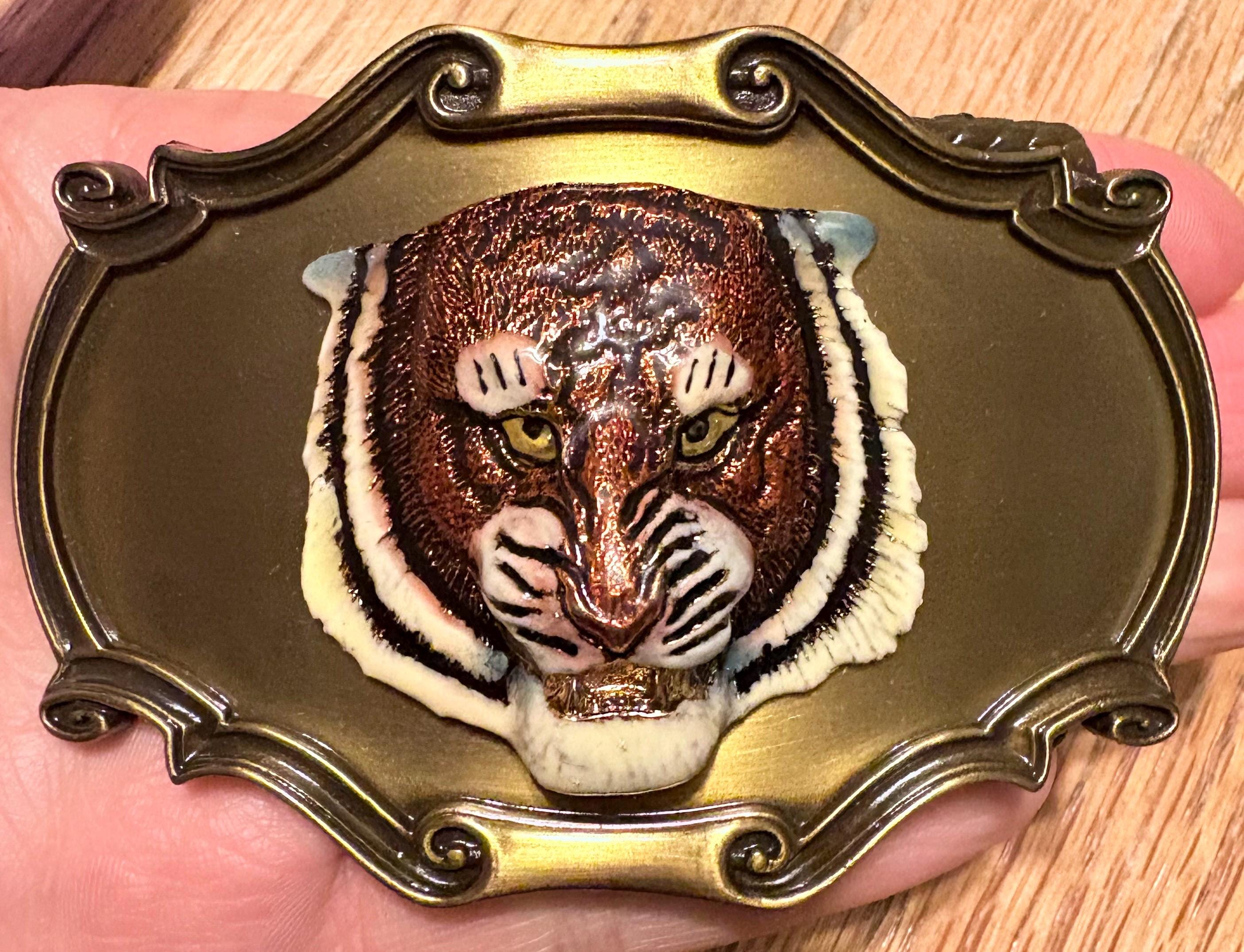 Vintage Tiger Belt Buckle Gold Tone Black Enamel Figural Green Eye Prowling ✨ Tiger Belt Buckles - Etsy main image 3