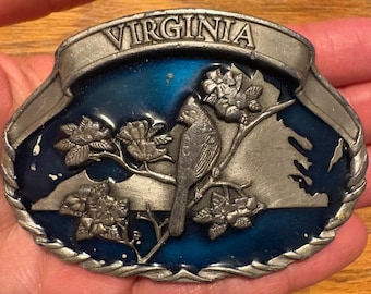 Vintage Virginia State Gürtelschnalle Limited Edition Kardinal Hartriegel Blau Emaille Zinn Ton Gedenk Sammlerstück