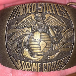 Vintage US Marine Corps “Semper Fidelis” 1980 Indiana Metal Craft Brass Belt Buckle Good Condition Rare