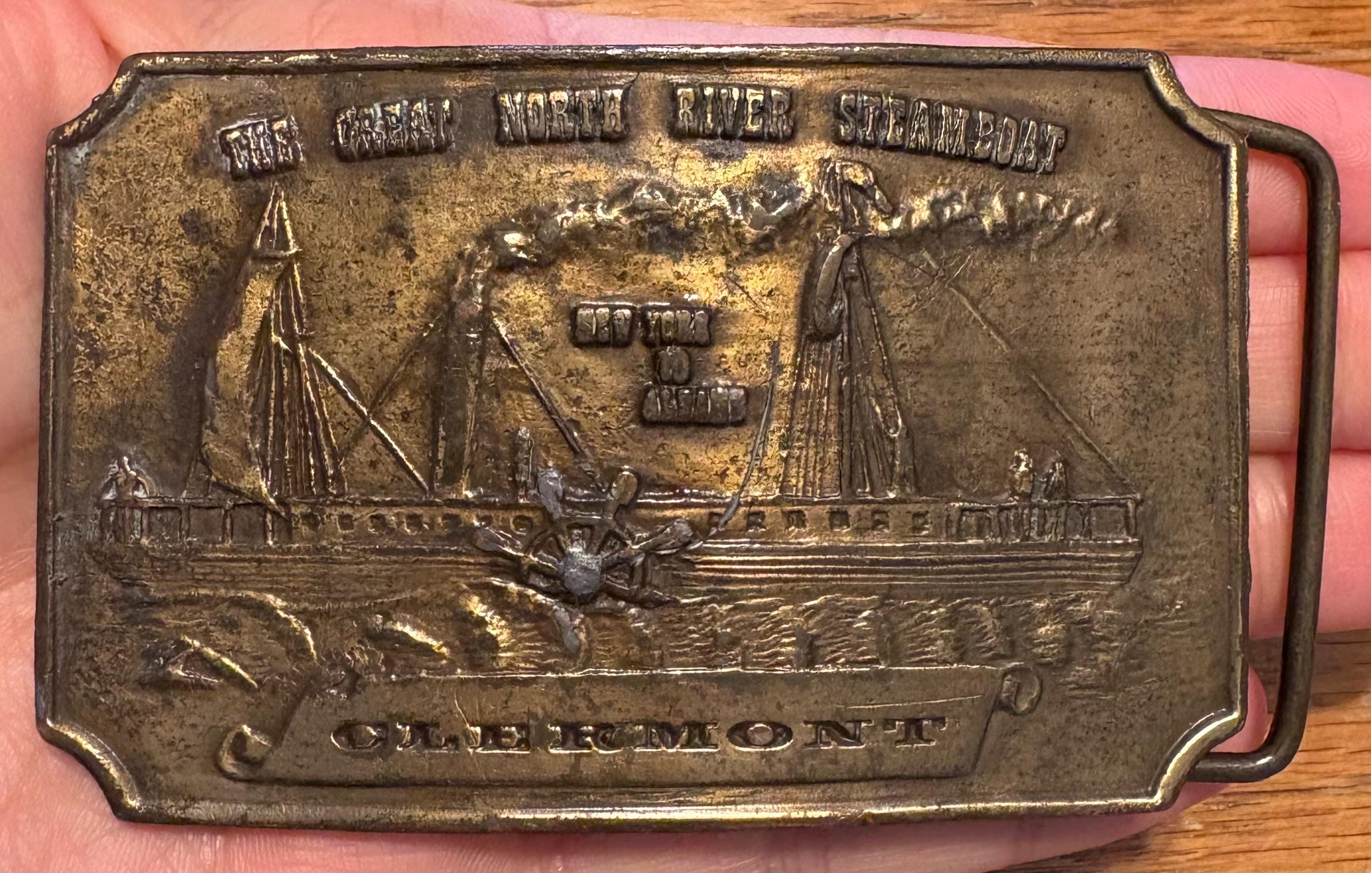 Vintage 1984 Clermont Steamboat Belt Buckle - Bergamot Brass Works - "The Great North River Steamboat" - Brass Finish