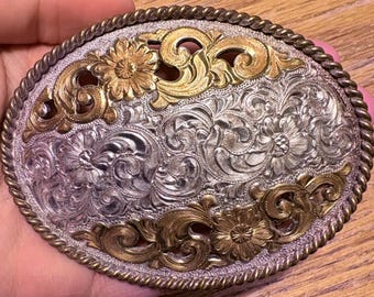ヴィンテージ クラムリン ベルトバックル ウエスタンフローラル シルバー ゴールドオーバーレイ カットアウト カウボーイギフト アメリカ