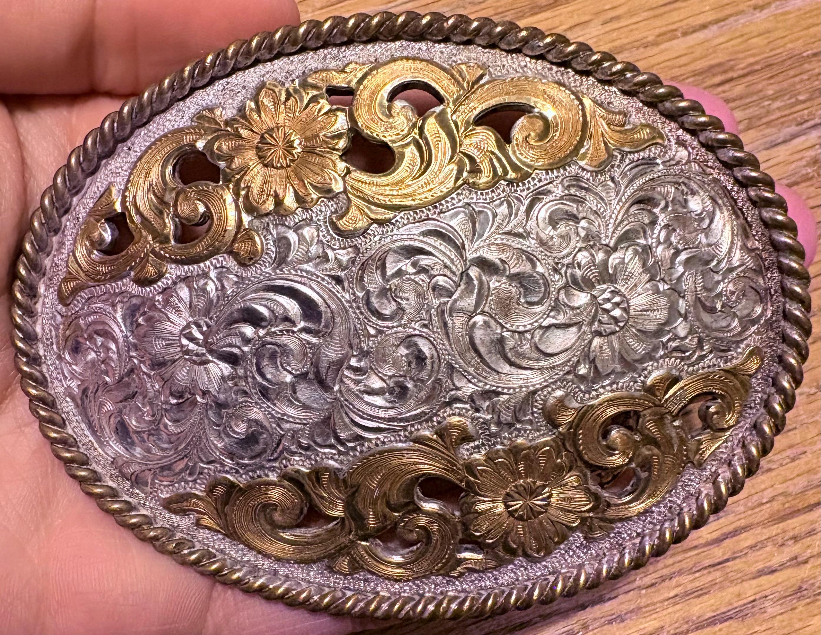 Vintage R. A. Guthrie ornate silver ranger belt buckle 4 pc set in original box Silver Overlay Belt Buckle - Etsy main image 2