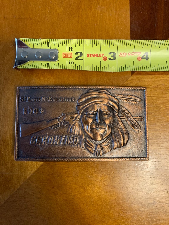 Vintage St. Louis 1904 Exposition Geronimo Apache Leader Brass Belt Buckle Vintage Geronimo Belt Buckle Brass St Louis MO Exposition  main image 3