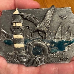 Vintage The Lighthouse 1986 Bergamont Brass Works Seagull In The Sky Nautical Pirate Ship Heavy Metal Belt Buckle Rare