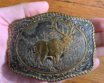 Vintage The Elk Crumrine Hunting Outdoorsman Antlers Heavy Metal Silver Plate Pewter Made In Usa Belt Buckle Rare