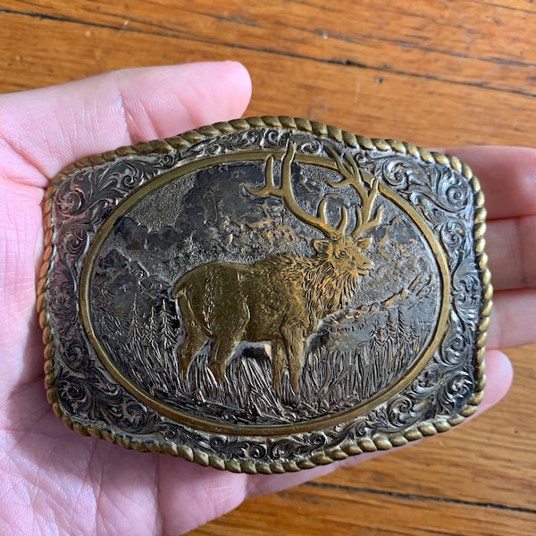 Vintage The Elk Crumrine Hunting Outdoorsman Antlers Heavy Metal Silver Plate Pewter Made In Usa Belt Buckle Rare