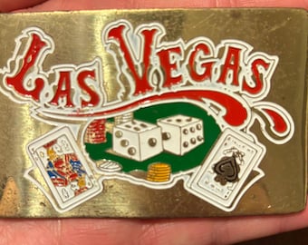 Vintage Las Vegas Gürtelschnalle - Messing mit Emaille-Würfeln, Karten und Poker-Chips