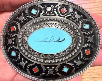 Vintage Southwestern Feather Belt Buckle Turquoise Coral Inlay Tribal Geometric Design Pewter Tone Oval Vintage Western Boho