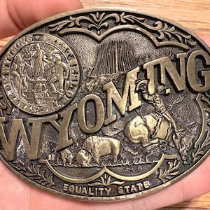 Vintage Wyoming "Equality State" massivt mässingsbältesspänne – Delstaten Wyomings stora sigill – Prisbelönta designmedaljer