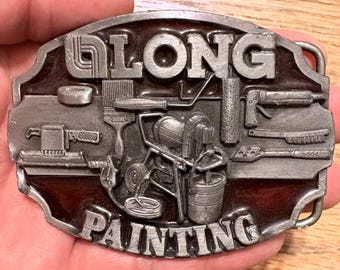 Hebilla de cinturón larga vintage para pintar, herramientas de pintor, diseño, oficio ocupacional, trabajo en metal tono peltre, cinturón trofeo profesional