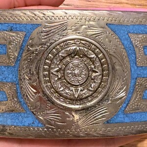 Vintage 75.3g Mexican Sterling Silver Mosaic Aztec Calendar Belt Buckle 925 Vintage Sterling Silver Mexico Mexican Aztec Calendar and  main image 3
