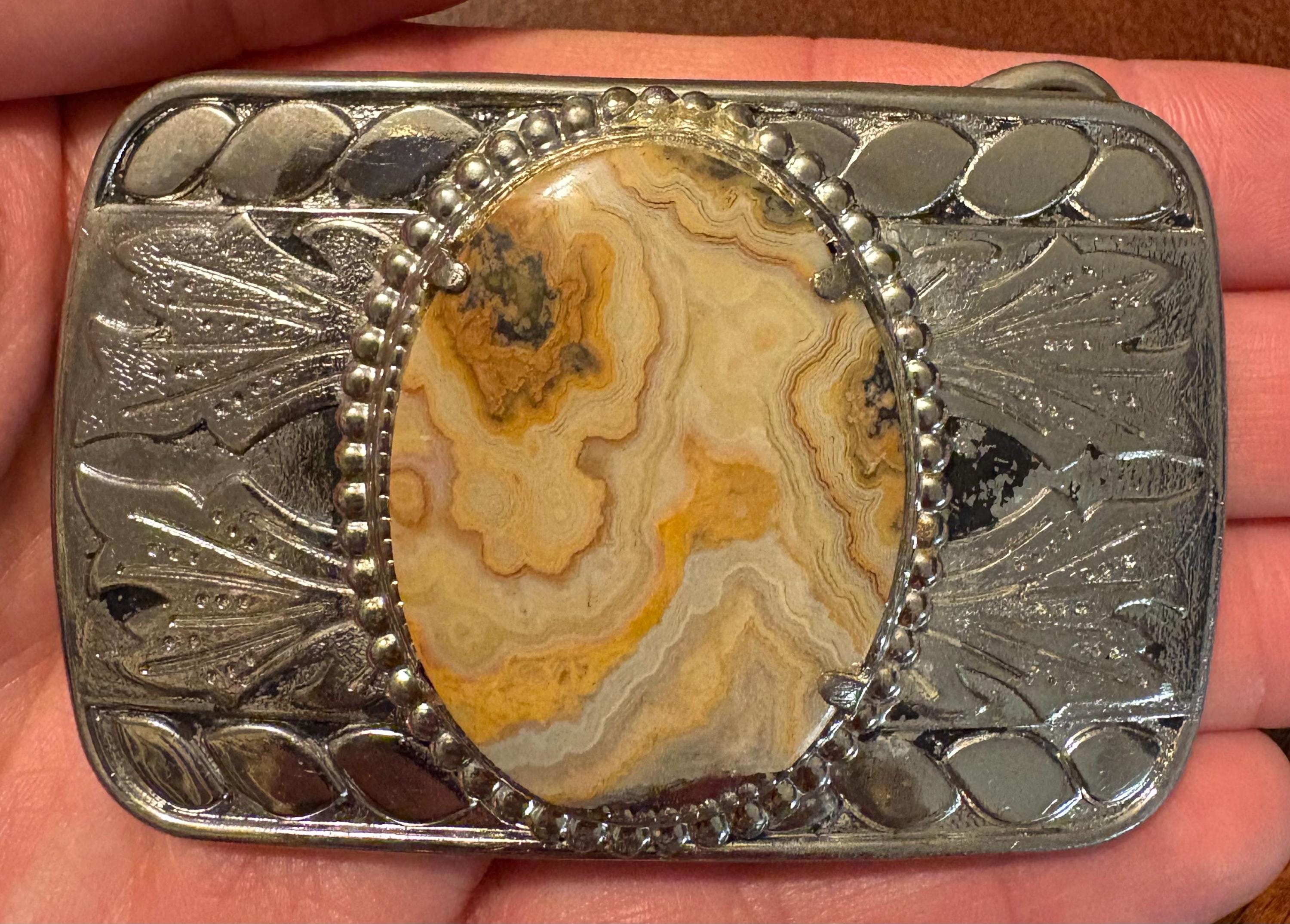 Beautiful Brown Agate Stone Sterling Silver Artisan Handmade Belt Buckle Natural Agate Brown Leather Belt - Large — MAXCILA main image 2