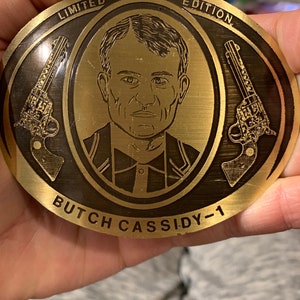Vintage Butch Cassidy Famous Outlaw Limited Edition #1 Solid Brass Dual Revolvers Black and Bronze Metal Arts Western Belt Buckle