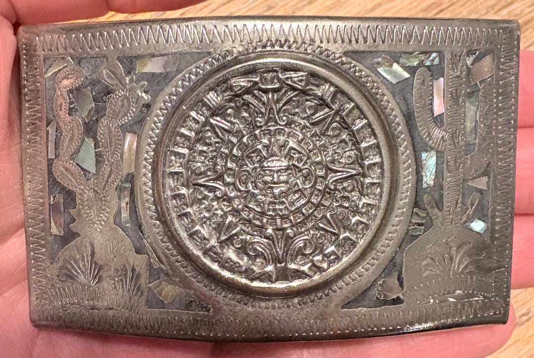 Vintage Mexican Aztec Calendar Belt Buckle | Silver-tone Mother of ...