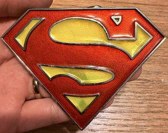 Vintage Superman Belt Buckle DC Comics Red Yellow Enamel Logo Shield Superhero Collectible 1990s Official Licensed
