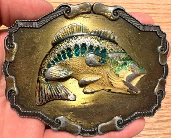 Vintage Raintree Bass Fish Belt Buckle | Enamel Fishing Raintree Gift & Jewelry Inc. | Largemouth Angler | 1980s