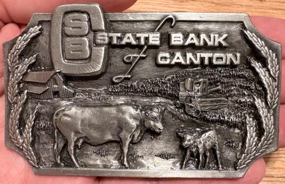 Vintage 1984 State Bank of Canton Belt Buckle Limited Edition 103/350 Farming Cattle Scene Pewter Tone Commemorative