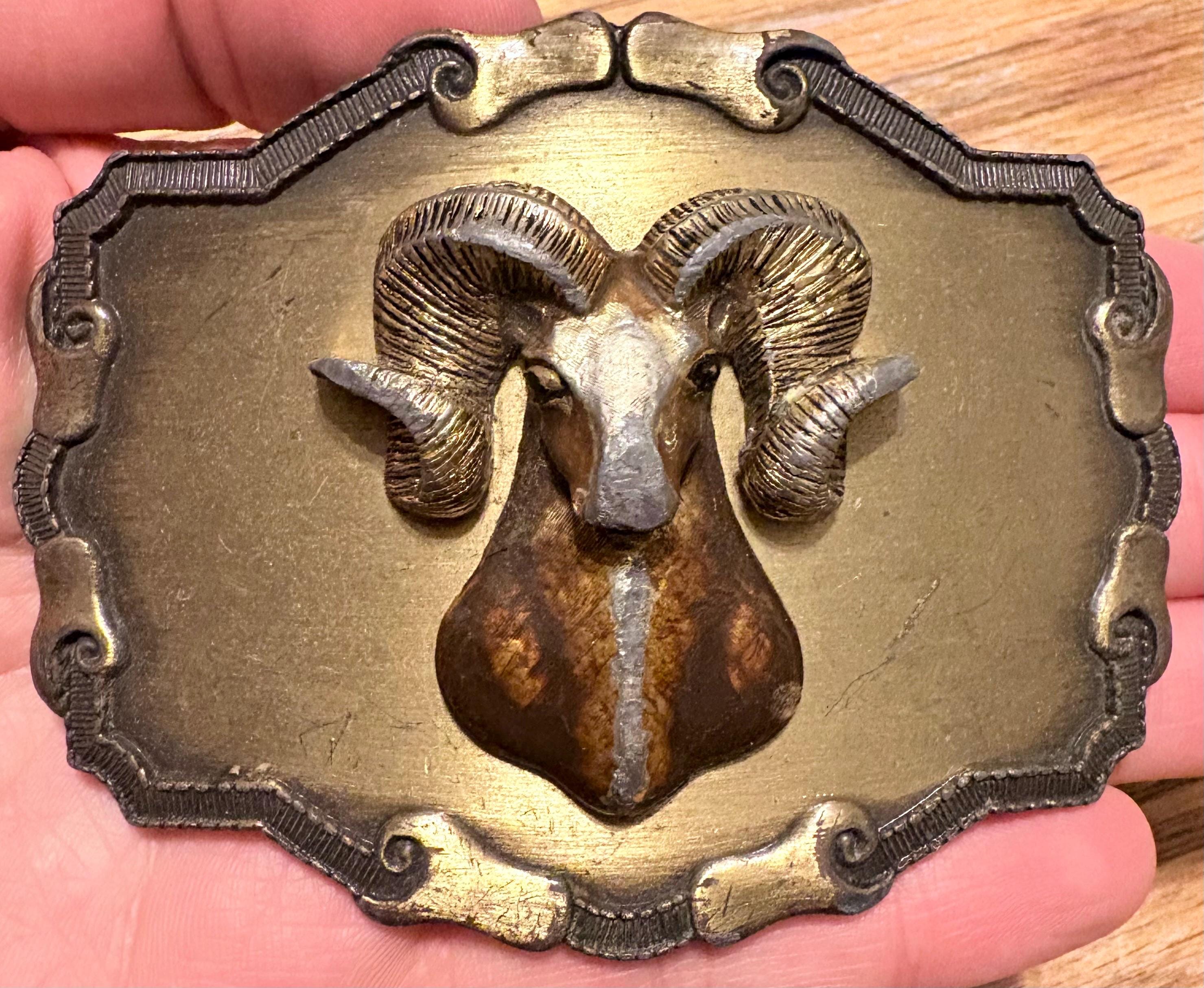 Vintage belt with ram head Solid Brass Sheep Ram Olivewood Trinity Buckle Co. Vintage  main image 3