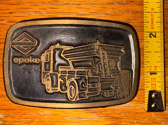 Vintage Epoke Semi Truck Mining Belt Buckle Solid Brass Trucker Heavy Equipment Haul Truck Industrial Machinery Coal Mine Ore 1970s 1980s View 4