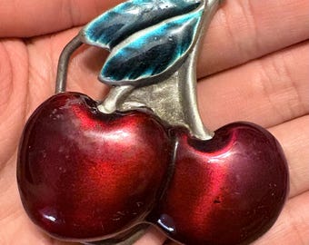 Vintage Red Cherry Belt Buckle – 1970s Style Enamel Fruit Buckle (Made in USA) Rare