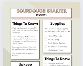 May include: A guide to making sourdough starter, with instructions for daily and refrigerator methods, as well as tips for going on vacation and keeping your starter in a warm spot. The guide also includes a list of supplies needed, such as a 1-quart mason jar, a jar lid and ring, a small rubber spatula, bread flour or all-purpose flour, and whole wheat flour.