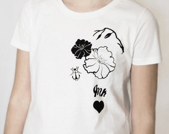 T-shirt illustrated with flowers and insect. Miksona. Organic cotton. Serigraphy