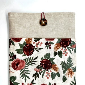 flax and floral book sleeve with pocket for e-reader or glasses