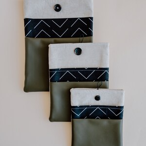 three sizes of book sleeve with faux leather olive green pocket, book sleeve, book cover, book gift