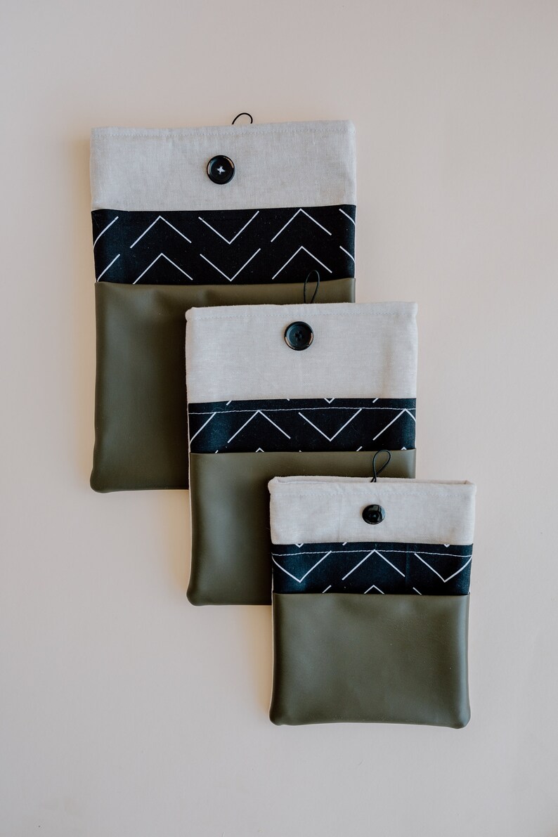 three sizes of book sleeve with faux leather olive green pocket, book sleeve, book cover, book gift
