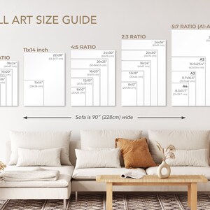May include: A wall art size guide with different ratios and measurements in inches and centimeters. The guide shows the size of art pieces that would fit well above a sofa that is 90 inches wide.