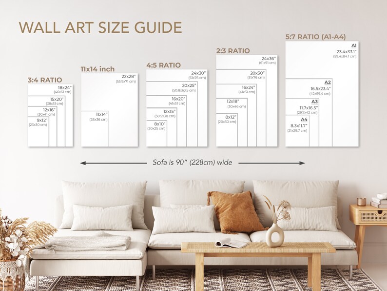 May include: A wall art size guide with different ratios and measurements in inches and centimeters. The guide shows the size of art pieces that would fit well above a sofa that is 90 inches wide.