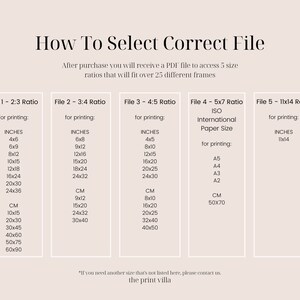 May include: A chart showing five different file size ratios for printing, with corresponding inch and centimeter measurements for each ratio. The chart is titled "How To Select Correct File" and includes the text "ISO International Paper Size" for the 5x7 ratio.