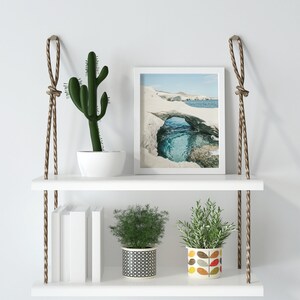 May include: White floating shelves with rope hangers, featuring a cactus, two potted plants, a framed photograph of a rock formation with a blue ocean, and a stack of books.