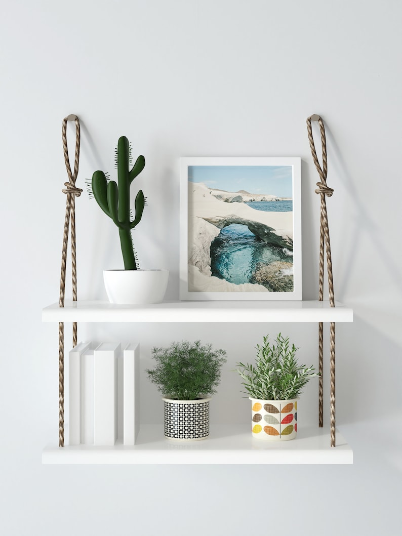 May include: White floating shelves with rope hangers, featuring a cactus, two potted plants, a framed photograph of a rock formation with a blue ocean, and a stack of books.