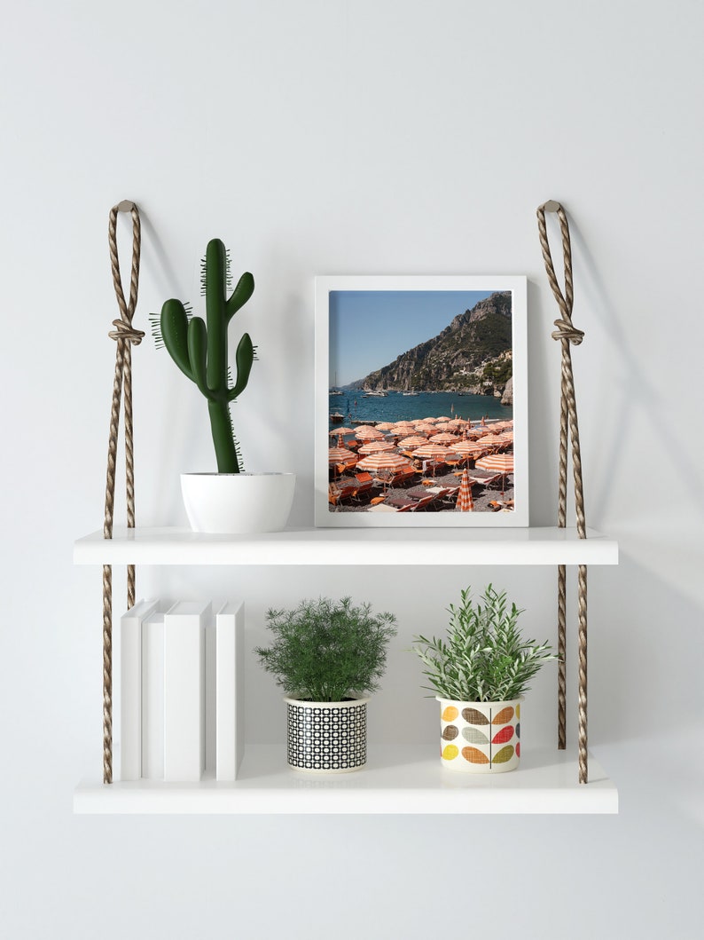 May include: White floating shelves with rope hangers, featuring a framed photograph of a beach scene with colorful umbrellas, a potted cactus, and two potted plants. The shelves are decorated with books and decorative pots.