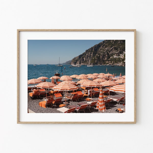Italy Beach Club | Amalfi Coast Print | Mediterranean Art | Downloadable Print | Italy Poster | Coastal Prints | Orange Umbrellas