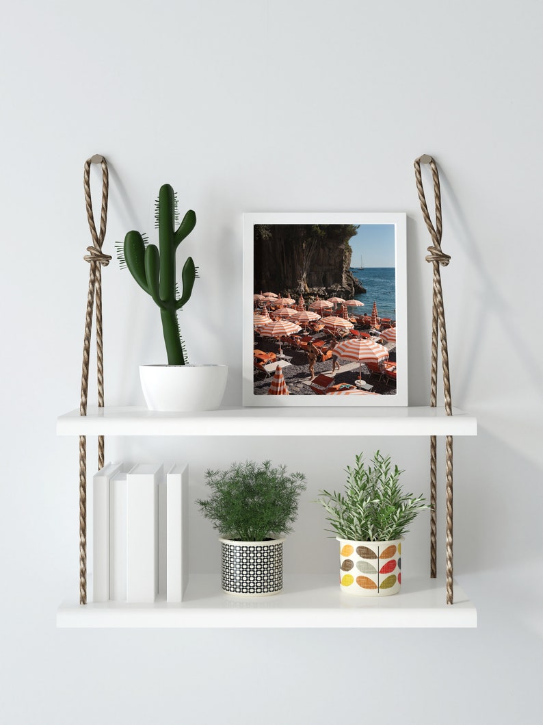 May include: White floating shelves with rope hangers, featuring a framed photograph of a beach scene with colorful umbrellas, a green cactus in a white pot, a potted plant with black and white patterned pot, and a potted plant with a colorful leaf patterned pot.