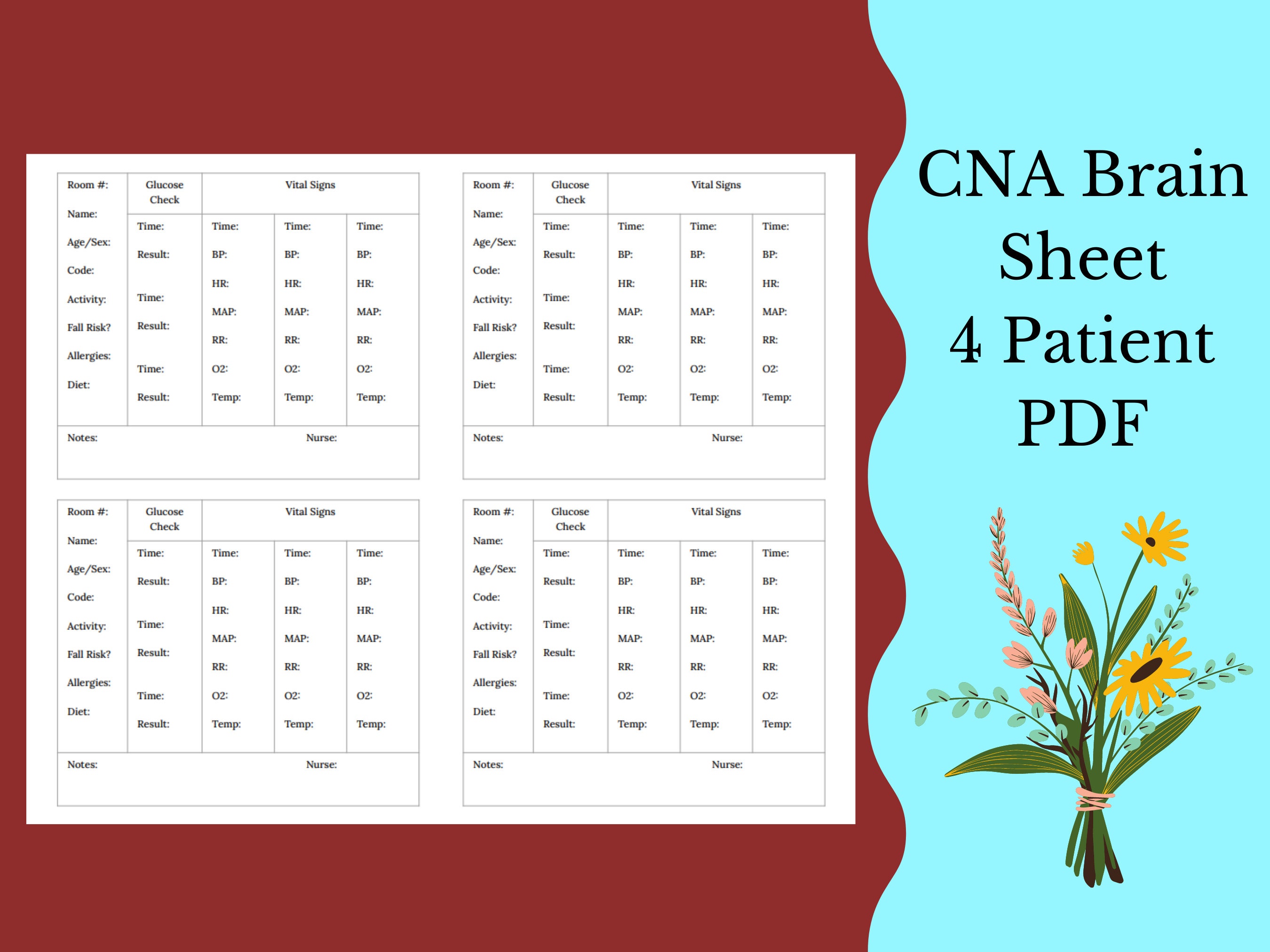 22 Patient CNA / PCT / PCA / Tech Brain Sheet Flow Sheet  Etsy Throughout Nursing Assistant Report Sheet Templates