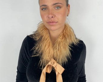 Small Fur Scarf of Mongolian Lamb Fur Brown Beige & White Color