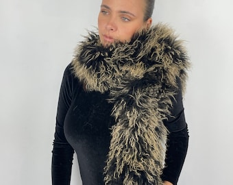 Long Fur Scarf of Mongolian Lamb Fur, Snow Tap